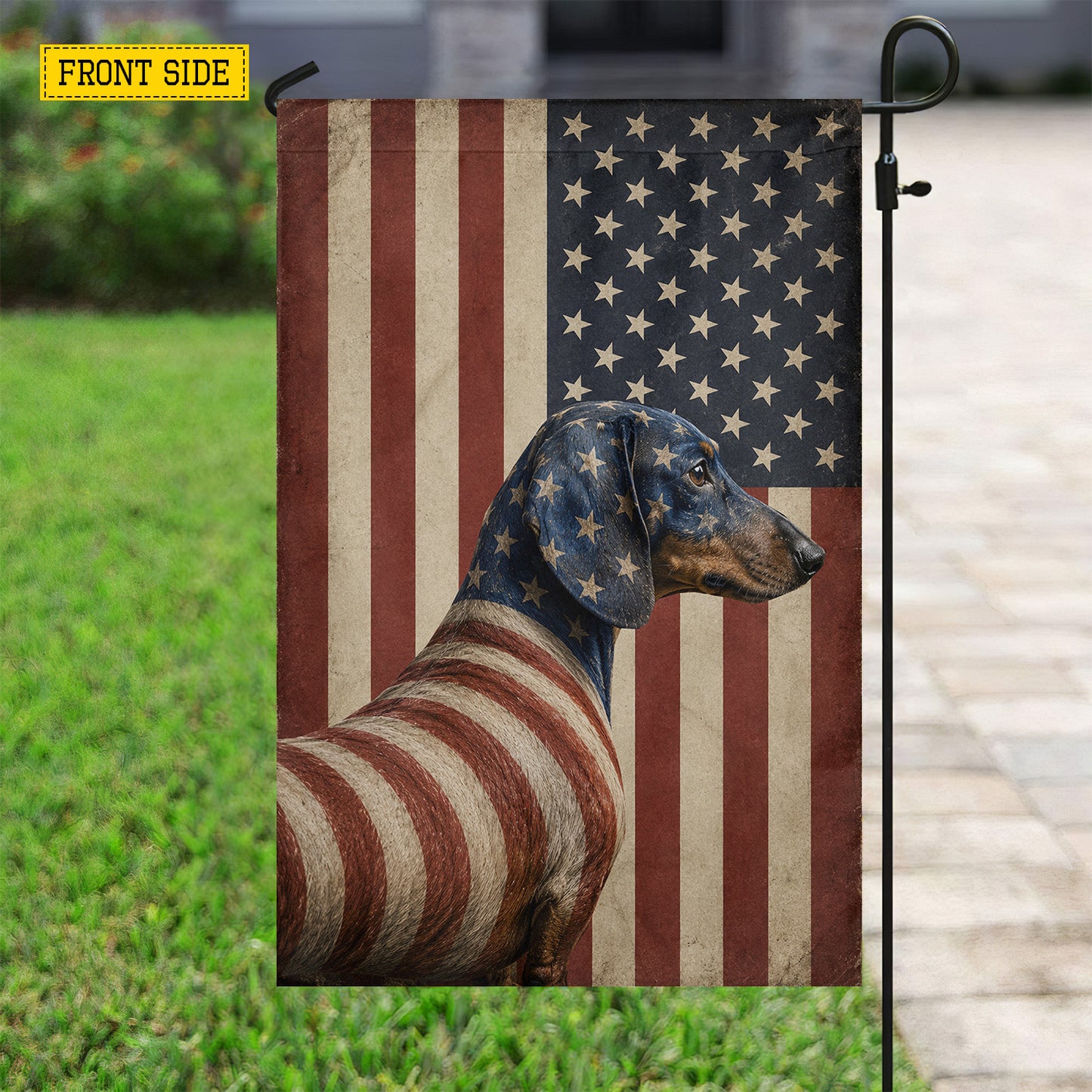 July 4th Dachshund Dog USA Garden Flag & House Flag, Proud American Wiener Dog Outdoor Decor, Independence Day Yard Flag Gift For Dachshund Lover