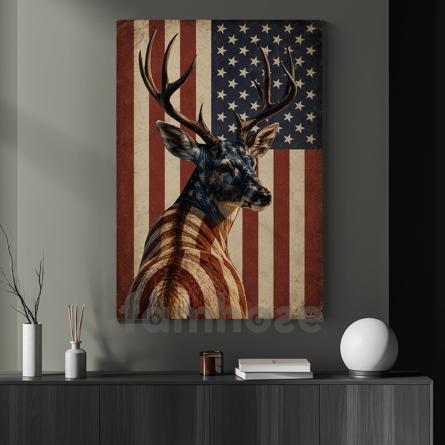 July 4th Deer Canvas Painting, Stars Stripes And Antlers USA Wall Art Decor, Independence Day Poster Gift For Deer Lover