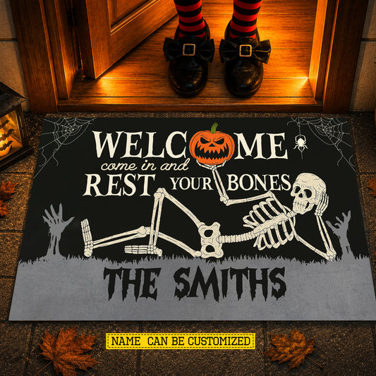 Funny Personalized Halloween Skeleton Doormat, Welcome Come In And Rest Your Bones, Doormat For Home Decor Housewarming Gift, Welcome Mat Gift For Skeleton Lovers