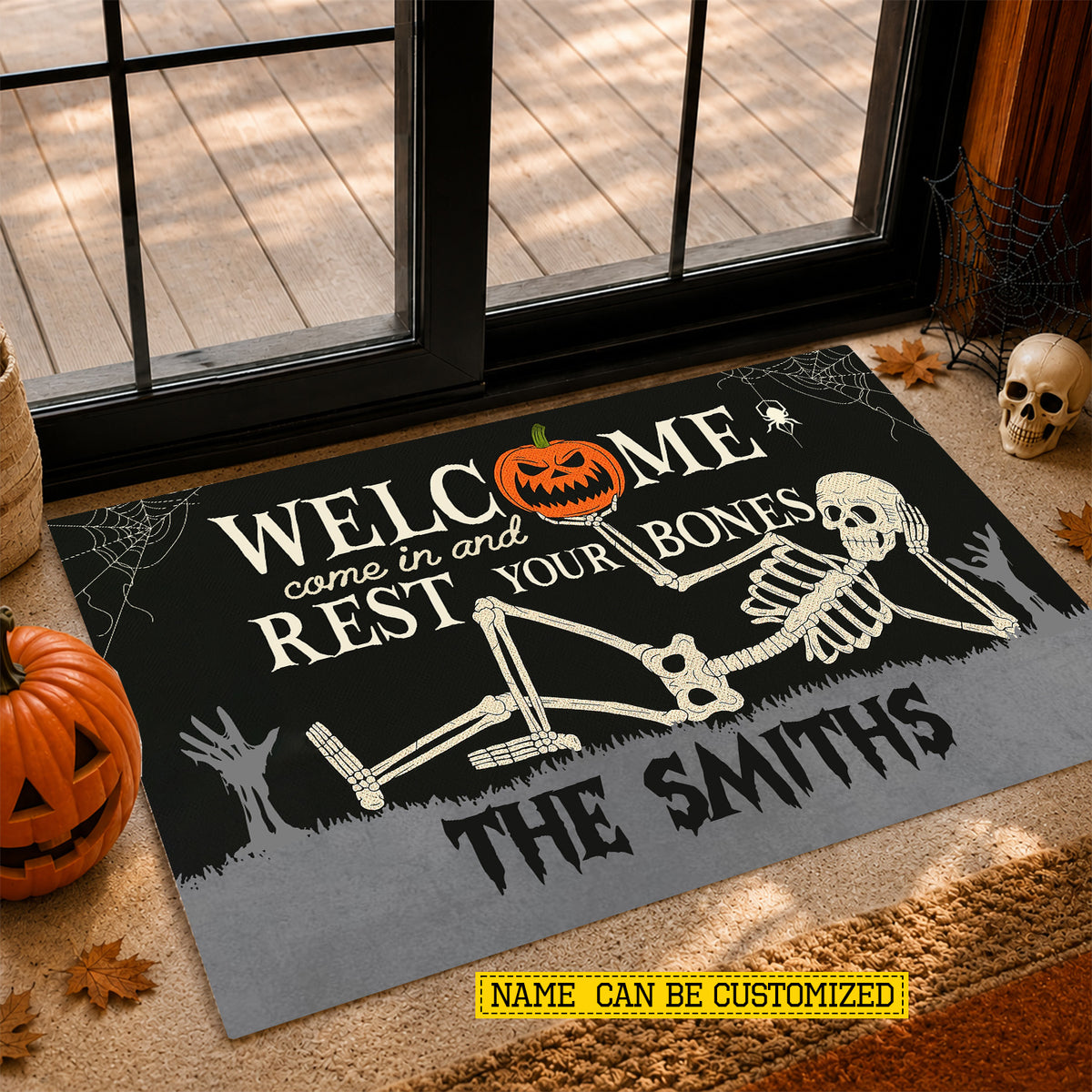 Funny Personalized Halloween Skeleton Doormat, Welcome Come In And Rest Your Bones, Doormat For Home Decor Housewarming Gift, Welcome Mat Gift For Skeleton Lovers