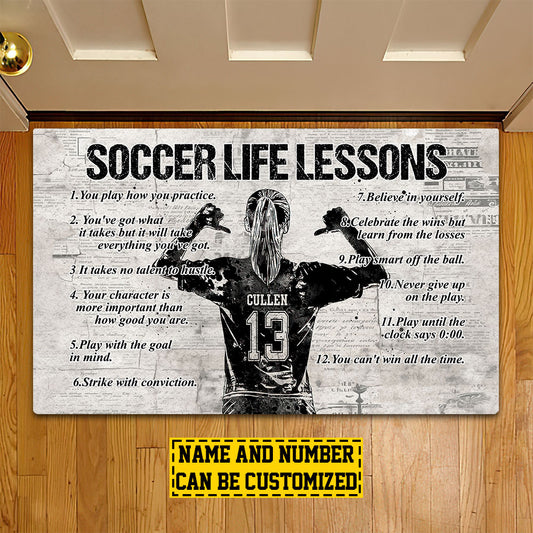 Personalized Soccer Doormat, Soccer Life Lessons, Motivational Quotes Doormat For Home Decor Housewarming Gift, Welcome Mat Gift For Soccer Lovers