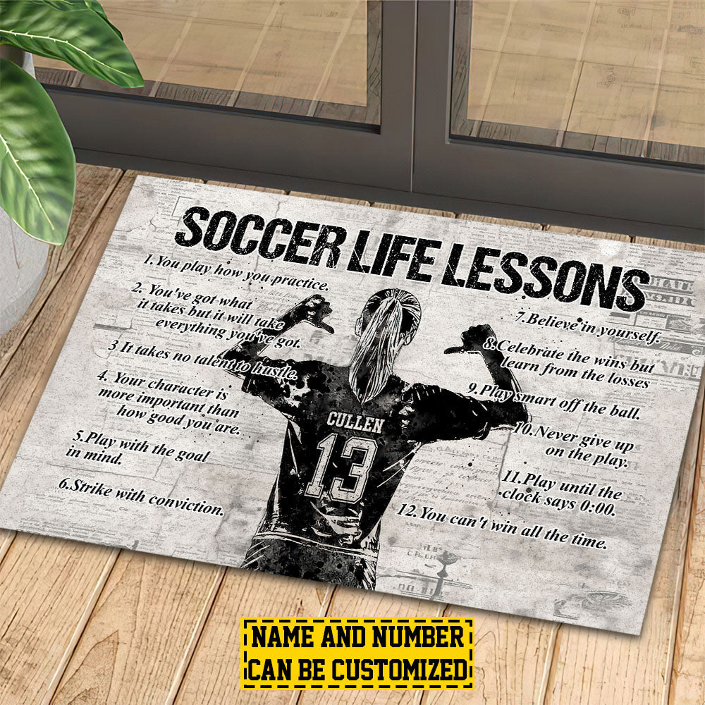 Personalized Soccer Doormat, Soccer Life Lessons, Motivational Quotes Doormat For Home Decor Housewarming Gift, Welcome Mat Gift For Soccer Lovers