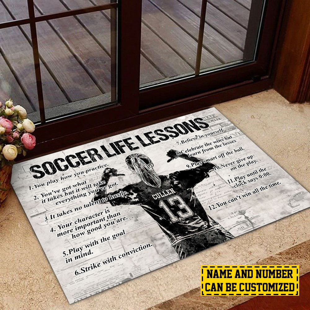 Personalized Soccer Doormat, Soccer Life Lessons, Motivational Quotes Doormat For Home Decor Housewarming Gift, Welcome Mat Gift For Soccer Lovers