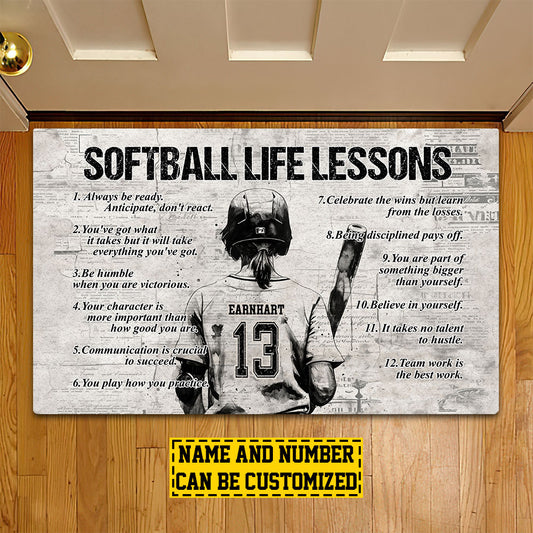 Personalized Softball Doormat, Softball Life Lessons, Motivational Quotes Doormat For Home Decor Housewarming Gift, Welcome Mat Gift For Softball Lovers