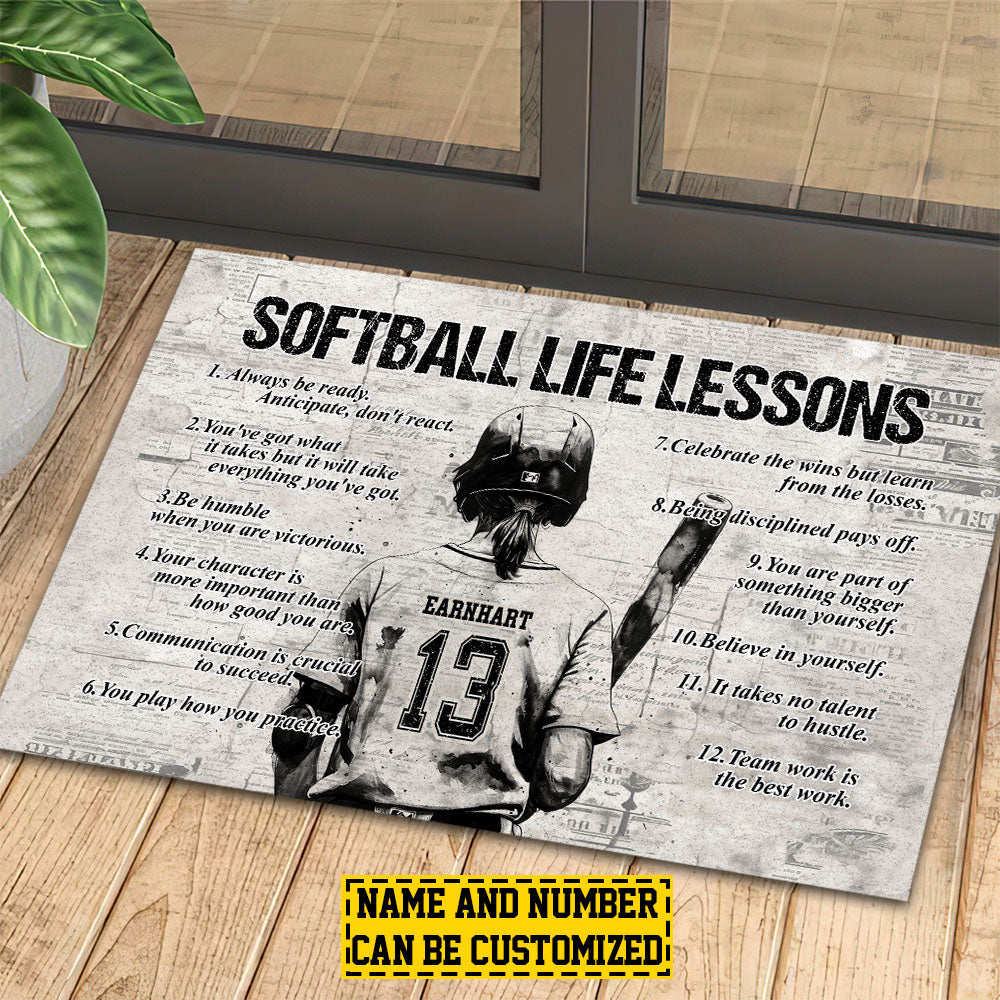 Personalized Softball Doormat, Softball Life Lessons, Motivational Quotes Doormat For Home Decor Housewarming Gift, Welcome Mat Gift For Softball Lovers