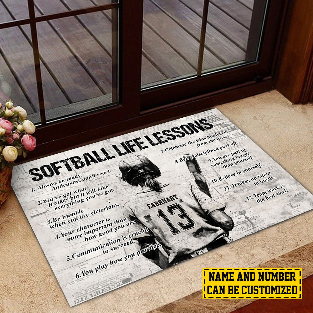 Personalized Softball Doormat, Softball Life Lessons, Motivational Quotes Doormat For Home Decor Housewarming Gift, Welcome Mat Gift For Softball Lovers