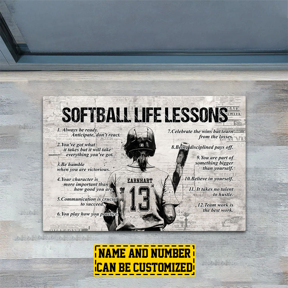 Personalized Softball Doormat, Softball Life Lessons, Motivational Quotes Doormat For Home Decor Housewarming Gift, Welcome Mat Gift For Softball Lovers