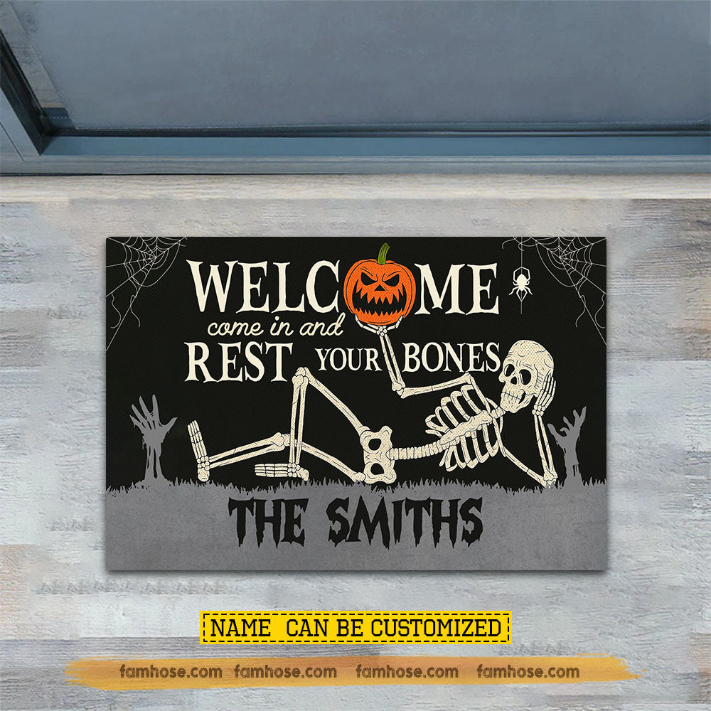 Funny Personalized Halloween Skeleton Doormat, Welcome Come In And Rest Your Bones, Doormat For Home Decor Housewarming Gift, Welcome Mat Gift For Skeleton Lovers
