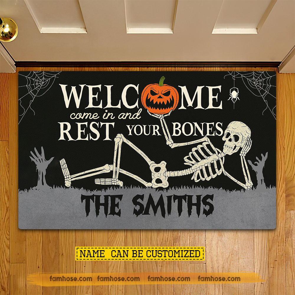 Funny Personalized Halloween Skeleton Doormat, Welcome Come In And Rest Your Bones, Doormat For Home Decor Housewarming Gift, Welcome Mat Gift For Skeleton Lovers