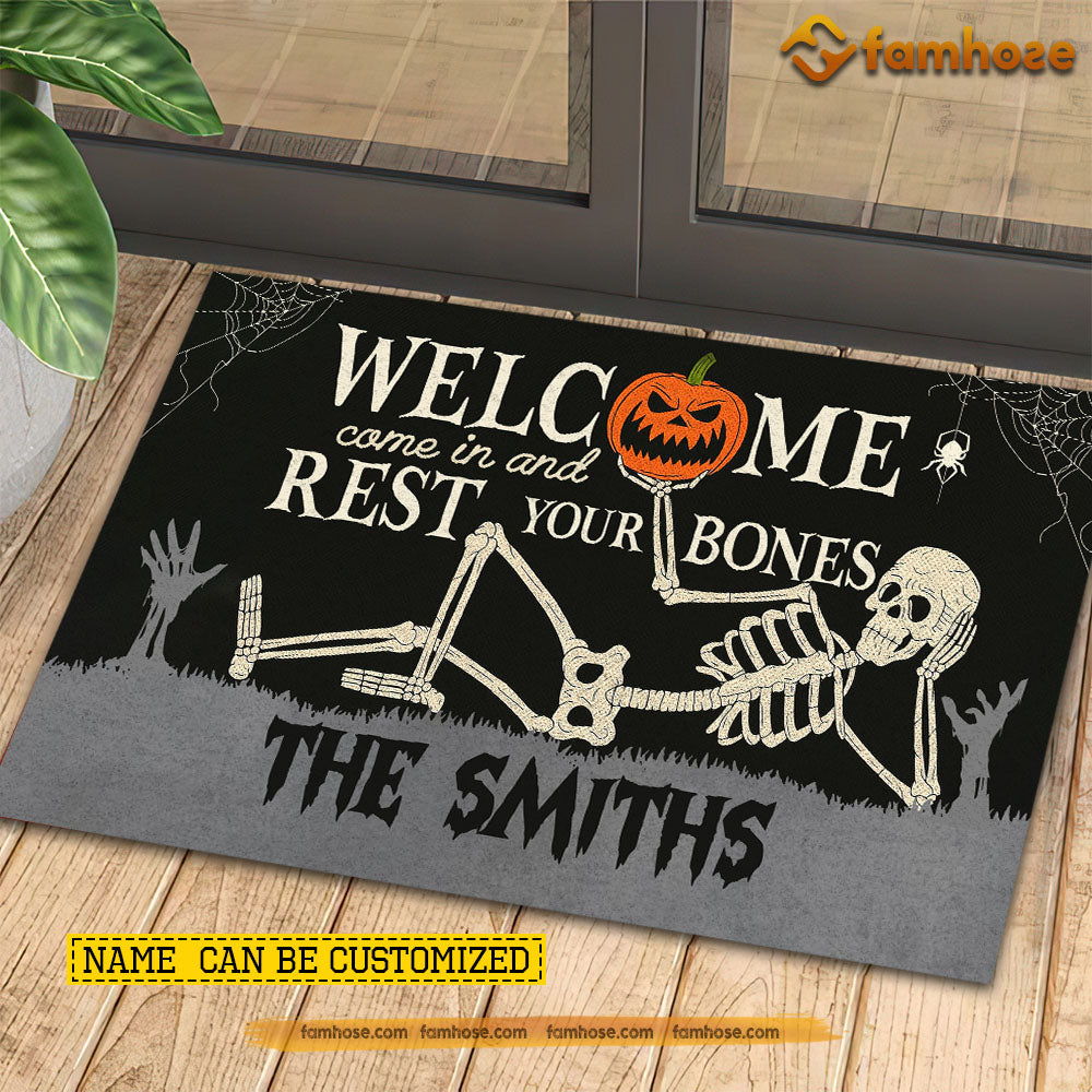 Funny Personalized Halloween Skeleton Doormat, Welcome Come In And Rest Your Bones, Doormat For Home Decor Housewarming Gift, Welcome Mat Gift For Skeleton Lovers