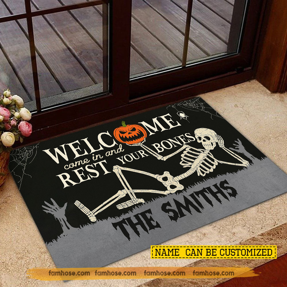 Funny Personalized Halloween Skeleton Doormat, Welcome Come In And Rest Your Bones, Doormat For Home Decor Housewarming Gift, Welcome Mat Gift For Skeleton Lovers