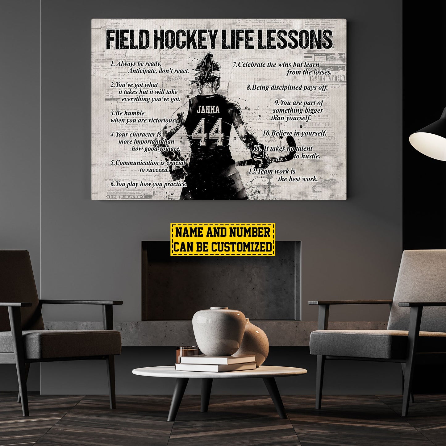 Field Hockey Life Lessons, Personalized Motivational Hockey Girl Canvas Painting, Inspirational Quotes Wall Art Decor, Poster Gift For Field Hockey Lovers