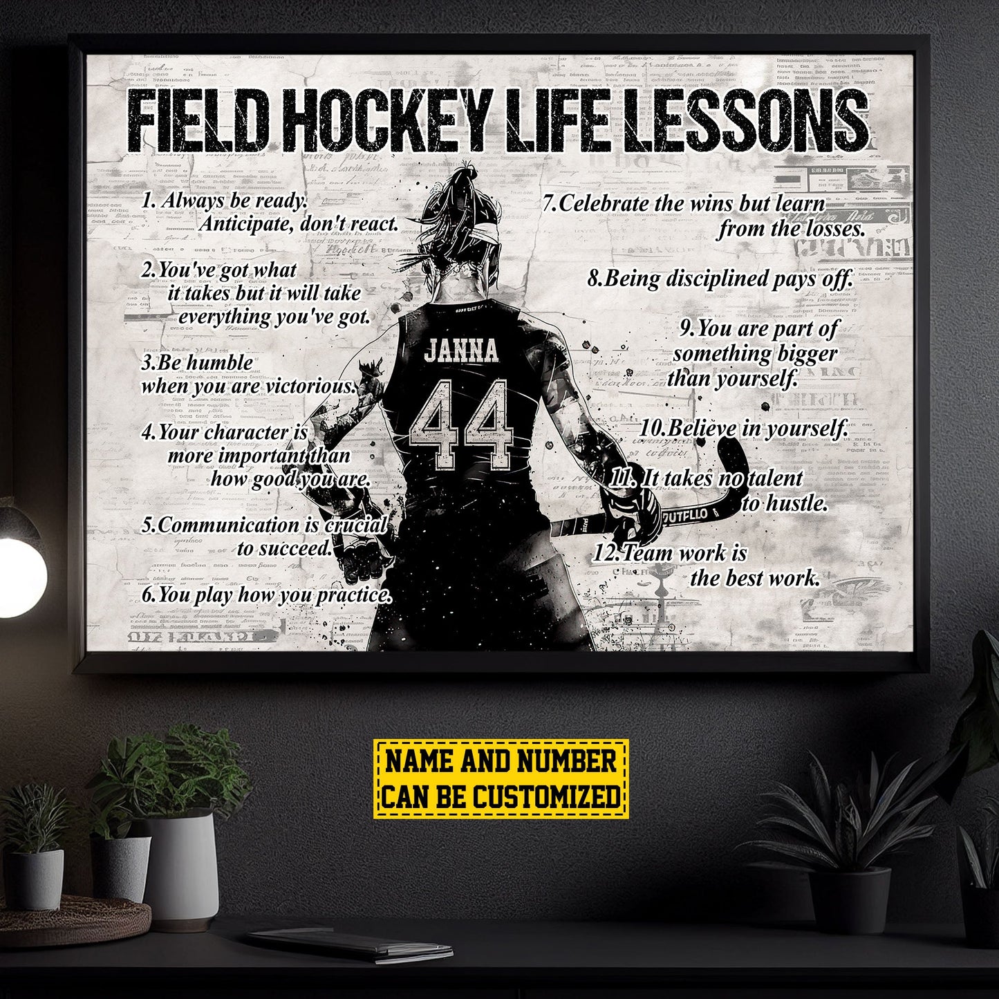 Field Hockey Life Lessons, Personalized Motivational Hockey Girl Canvas Painting, Inspirational Quotes Wall Art Decor, Poster Gift For Field Hockey Lovers