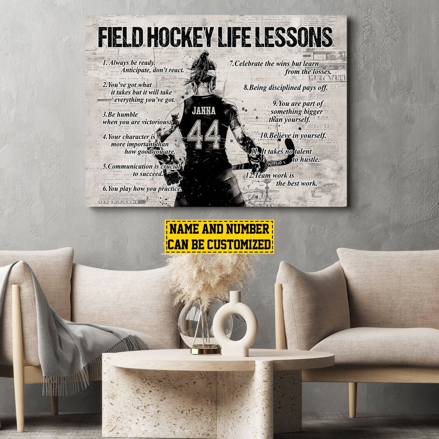 Field Hockey Life Lessons, Personalized Motivational Hockey Girl Canvas Painting, Inspirational Quotes Wall Art Decor, Poster Gift For Field Hockey Lovers