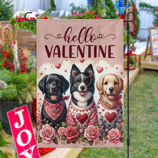 Valentine's Day Dog Flag, Hello Valentine Golden Retriever, Dog Garden Flag & House Flag Gift, Valentines Flag Gift For Dog Lovers