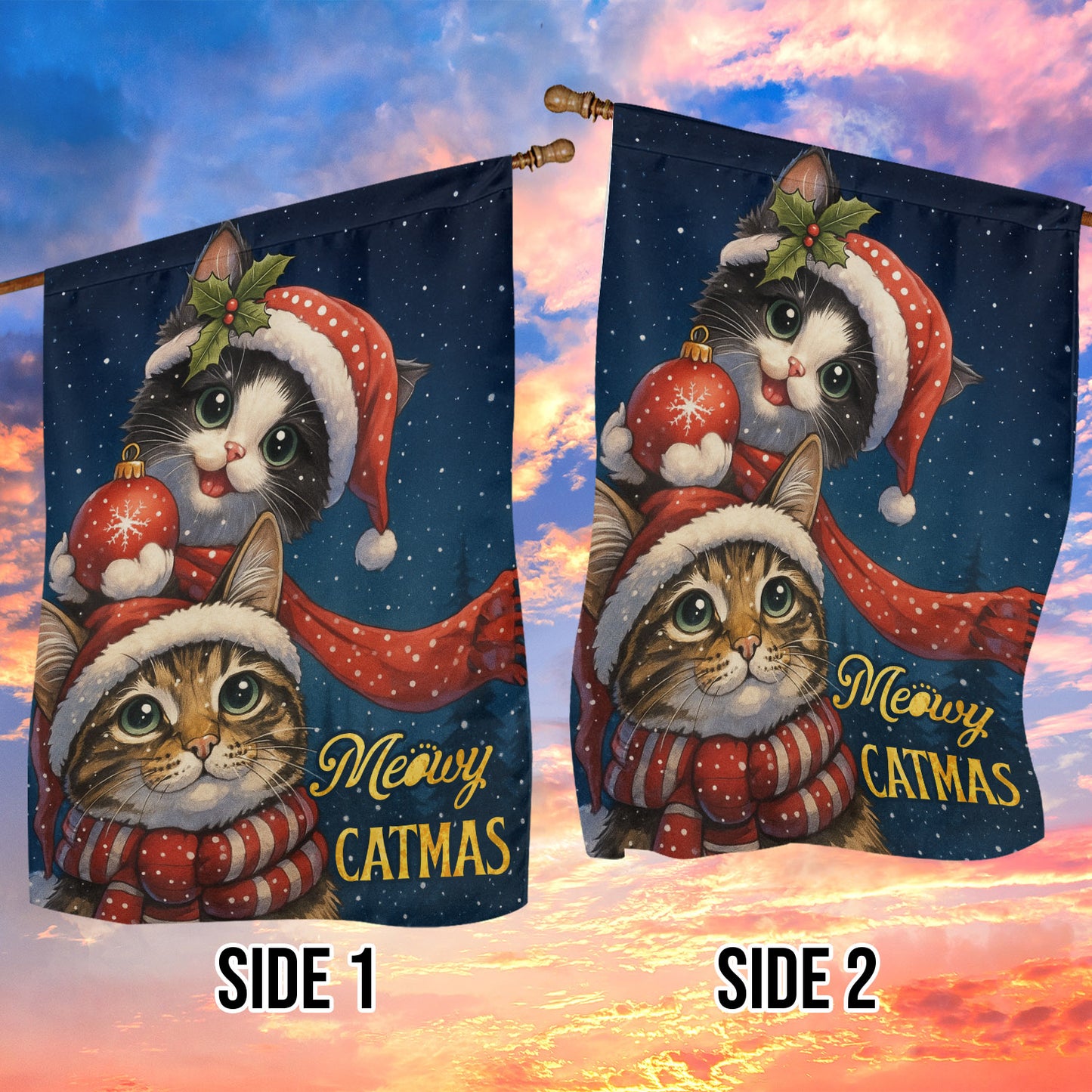 Cute Christmas Cat Garden & House Flag, Meowy Catmas Yard Flag, Xmas Gift For Cat Lovers