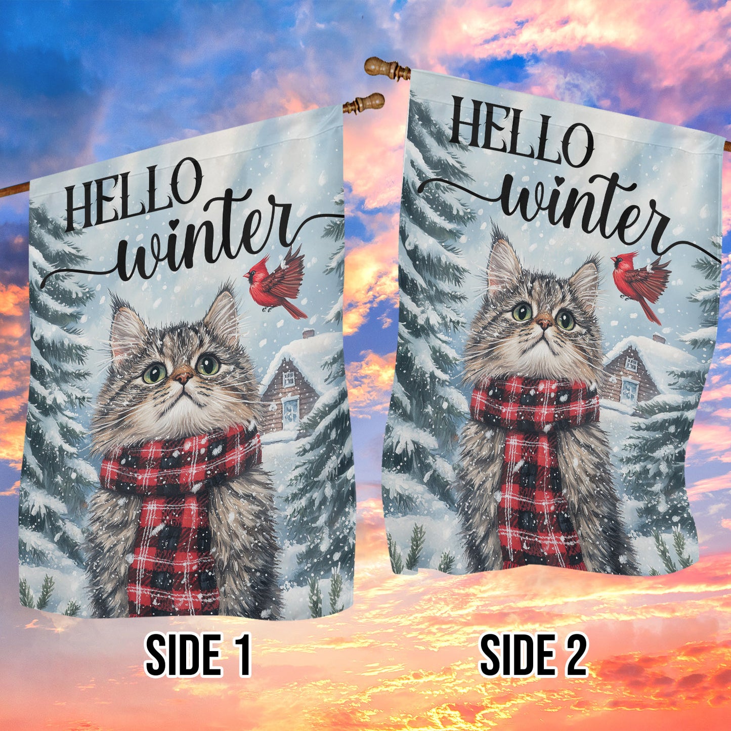 Cute Christmas Cat Garden & House Flag, Hello Winter Yard Flag, Xmas Gift For Cat Lovers