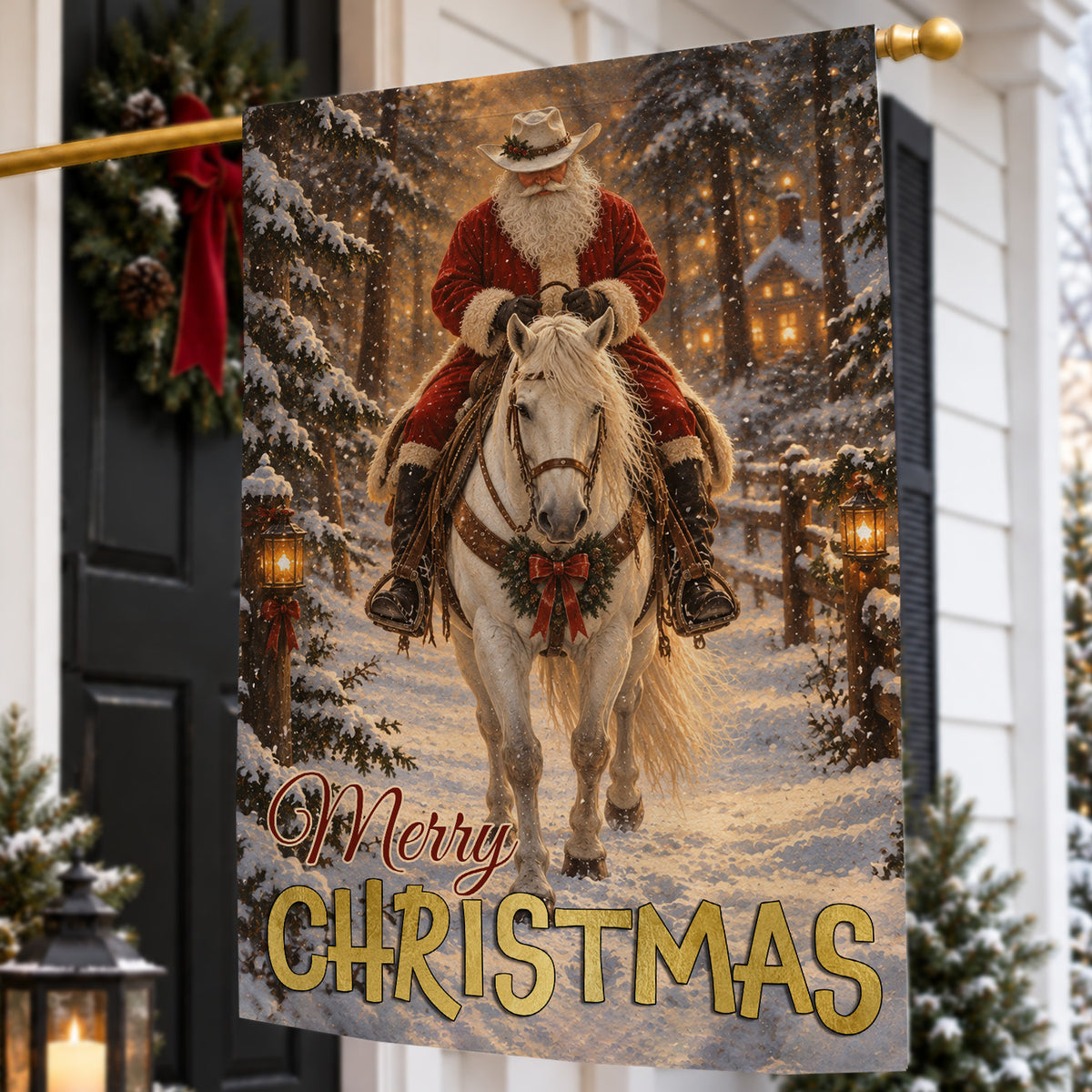 Merry Christmas Cowboy Santa Claus Garden & House Flag, Christmas On Horseback Yard Flag, Vintage Xmas Gift For Cowboys