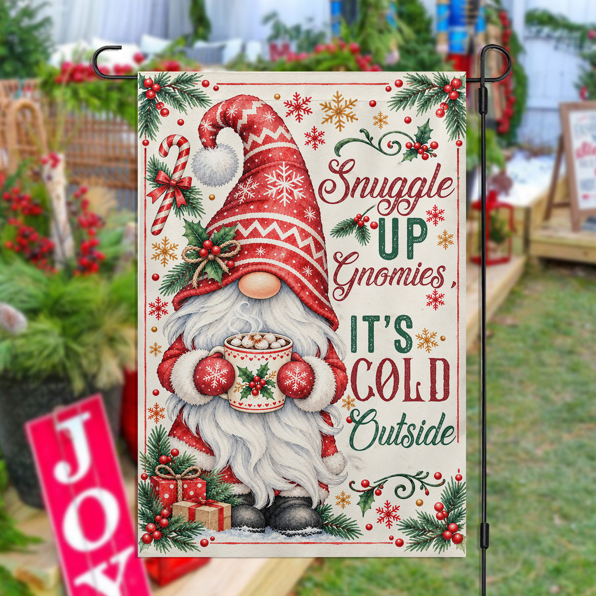 Vintage Christmas Gnome Garden & House Flag, Snuggle Up Gnomies It’s Cold Outside Yard Flag, Xmas Gift For Gnome Lover