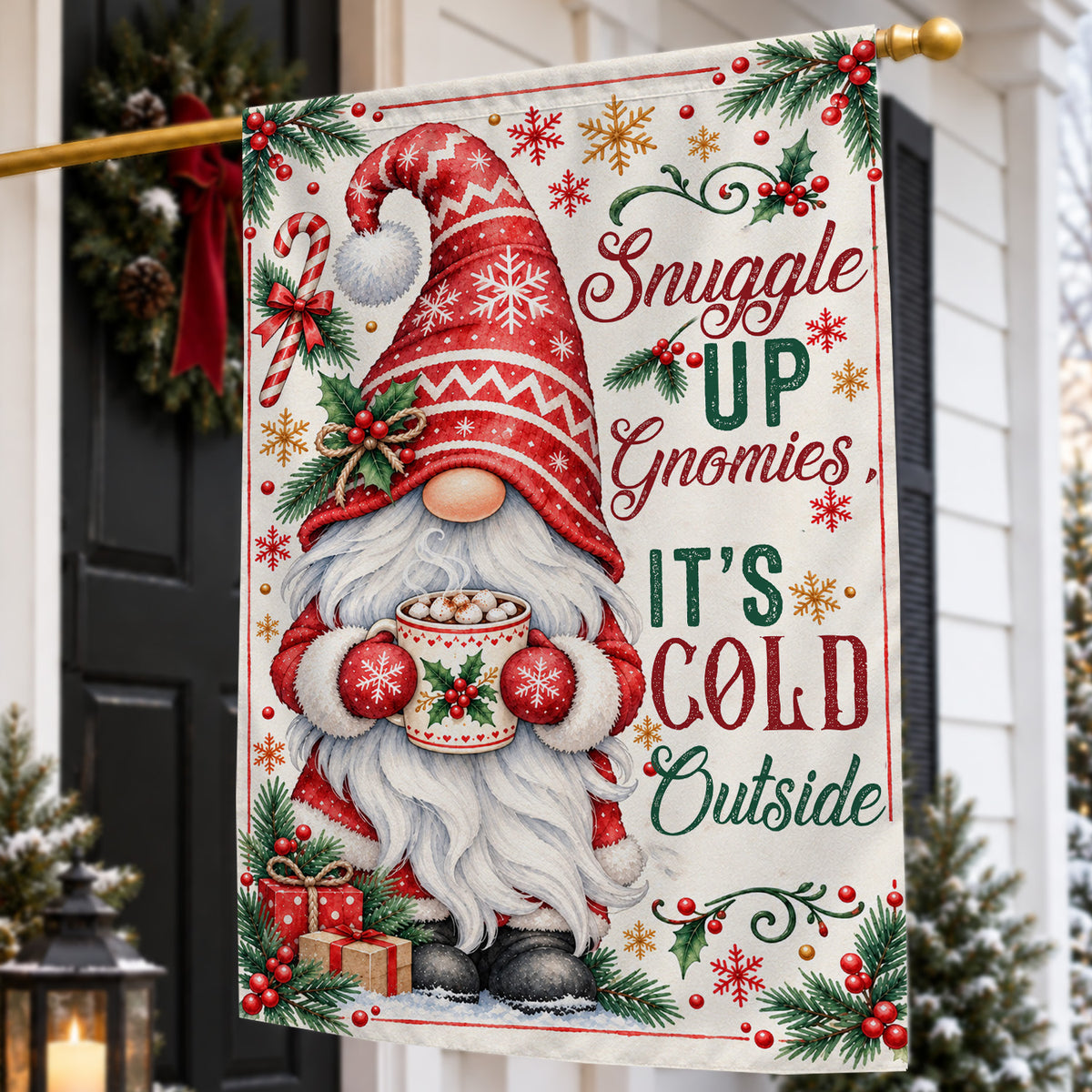 Vintage Christmas Gnome Garden & House Flag, Snuggle Up Gnomies It’s Cold Outside Yard Flag, Xmas Gift For Gnome Lover