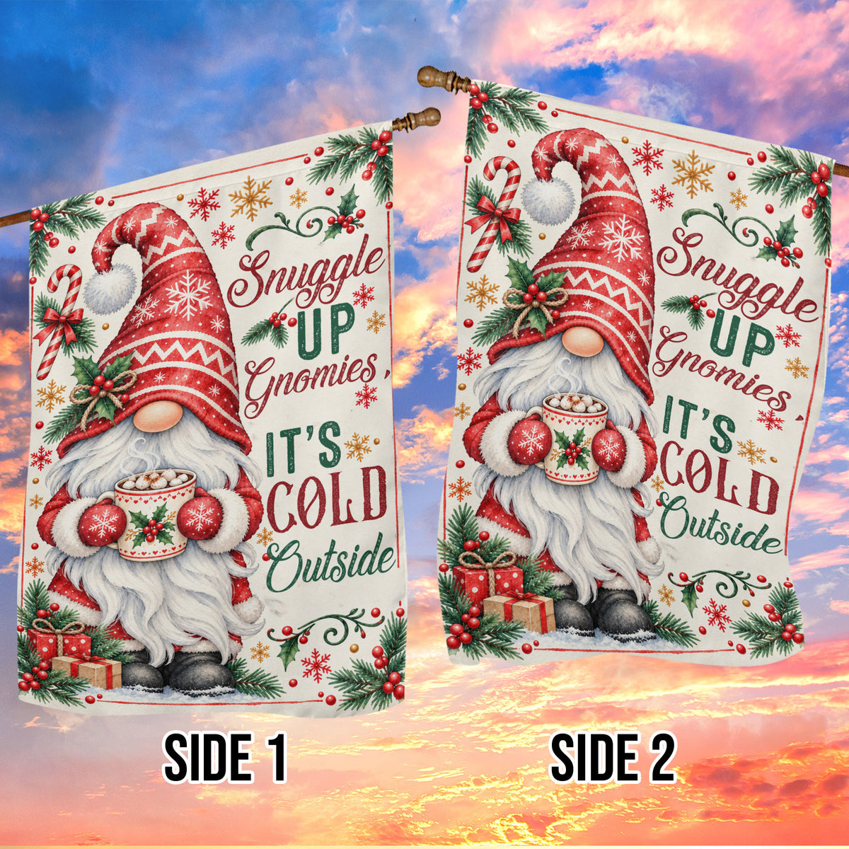 Vintage Christmas Gnome Garden & House Flag, Snuggle Up Gnomies It’s Cold Outside Yard Flag, Xmas Gift For Gnome Lover
