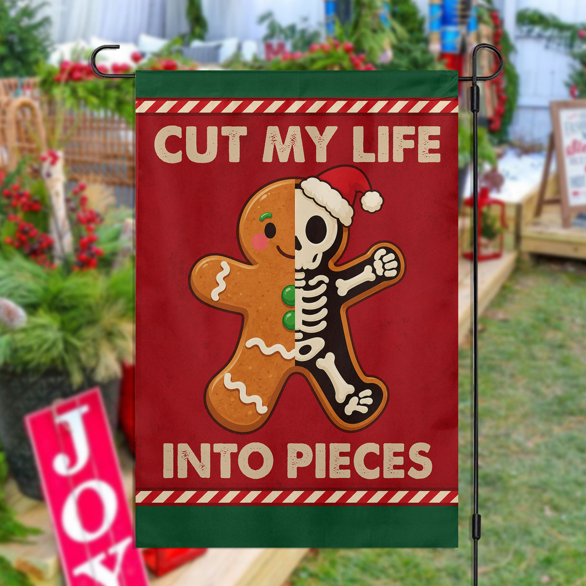 Christmas Gingerbread Skeleton Garden & House Flag, Cut My Life Into Pieces Yard Flag, Xmas Gift For Gingerbread Lover