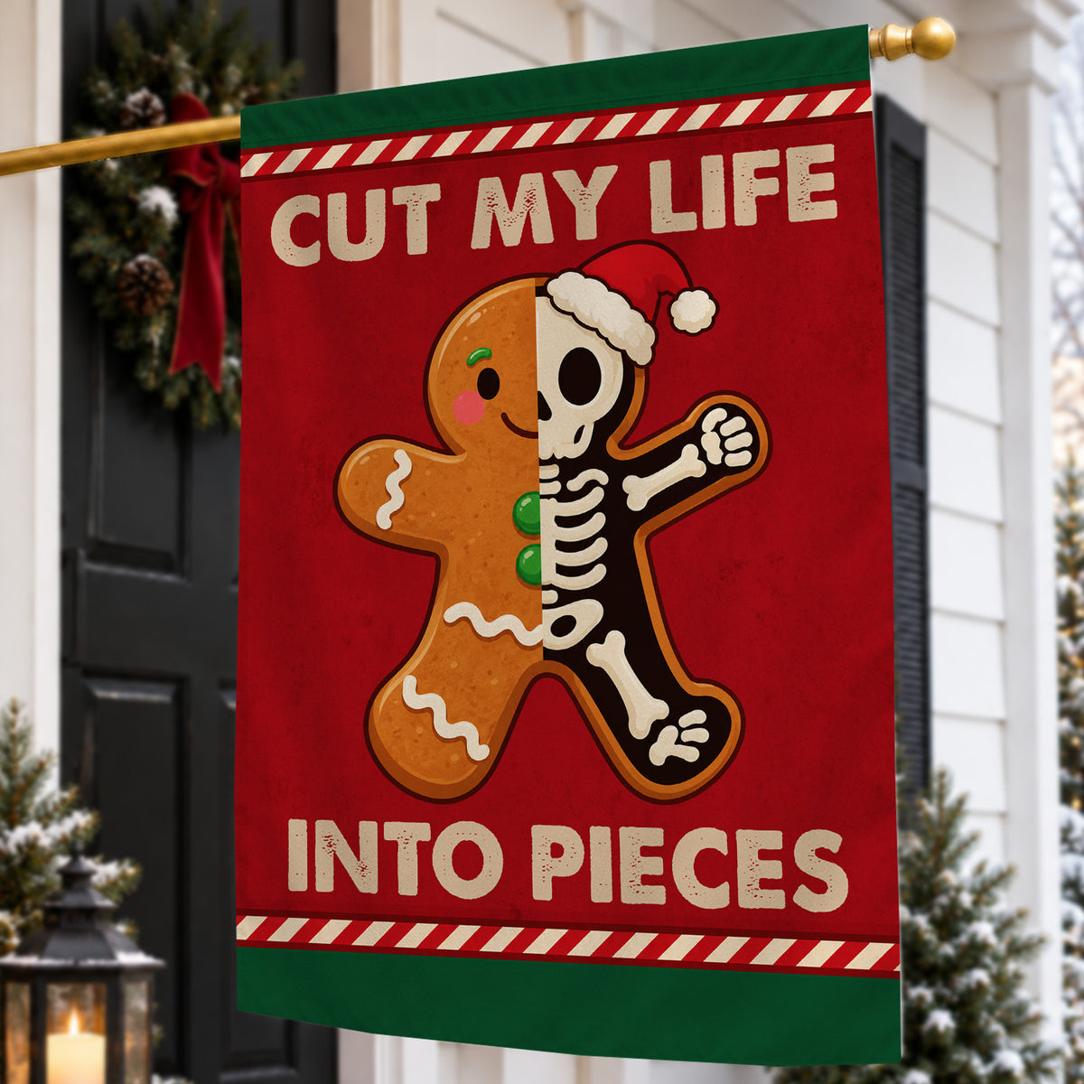 Christmas Gingerbread Skeleton Garden & House Flag, Cut My Life Into Pieces Yard Flag, Xmas Gift For Gingerbread Lover