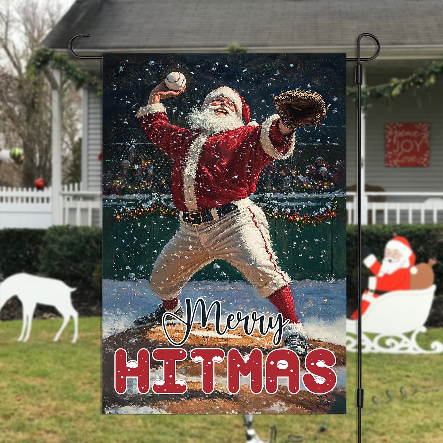 Christmas Santa Claus Playing Baseball Garden Flag & House Flag, Merry Hitmas, Welcome Outdoor Decor, Xmas Yard Decor Gift For Baseball Lovers