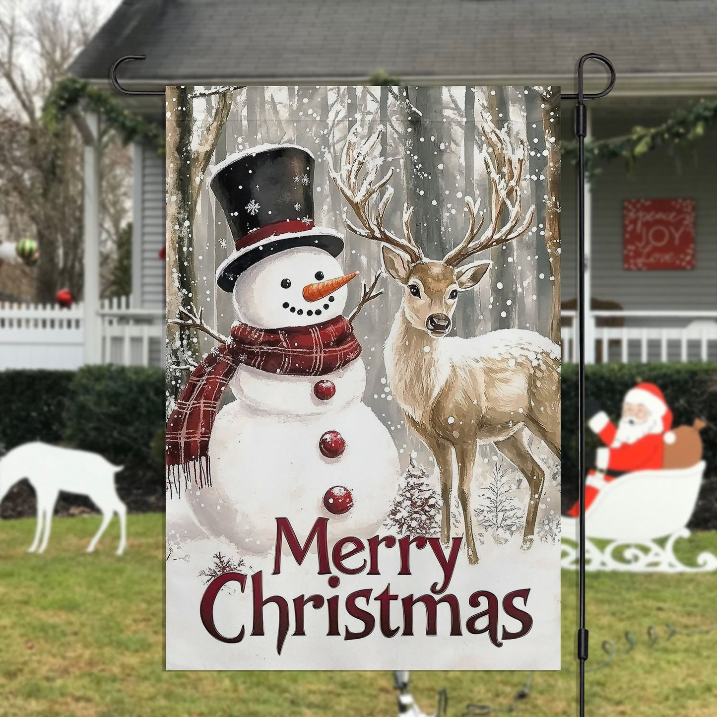 Christmas Garden Flag & House Flag, Snowman And Reindeer, Welcome Outdoor Decor, Xmas Yard Decor Gift