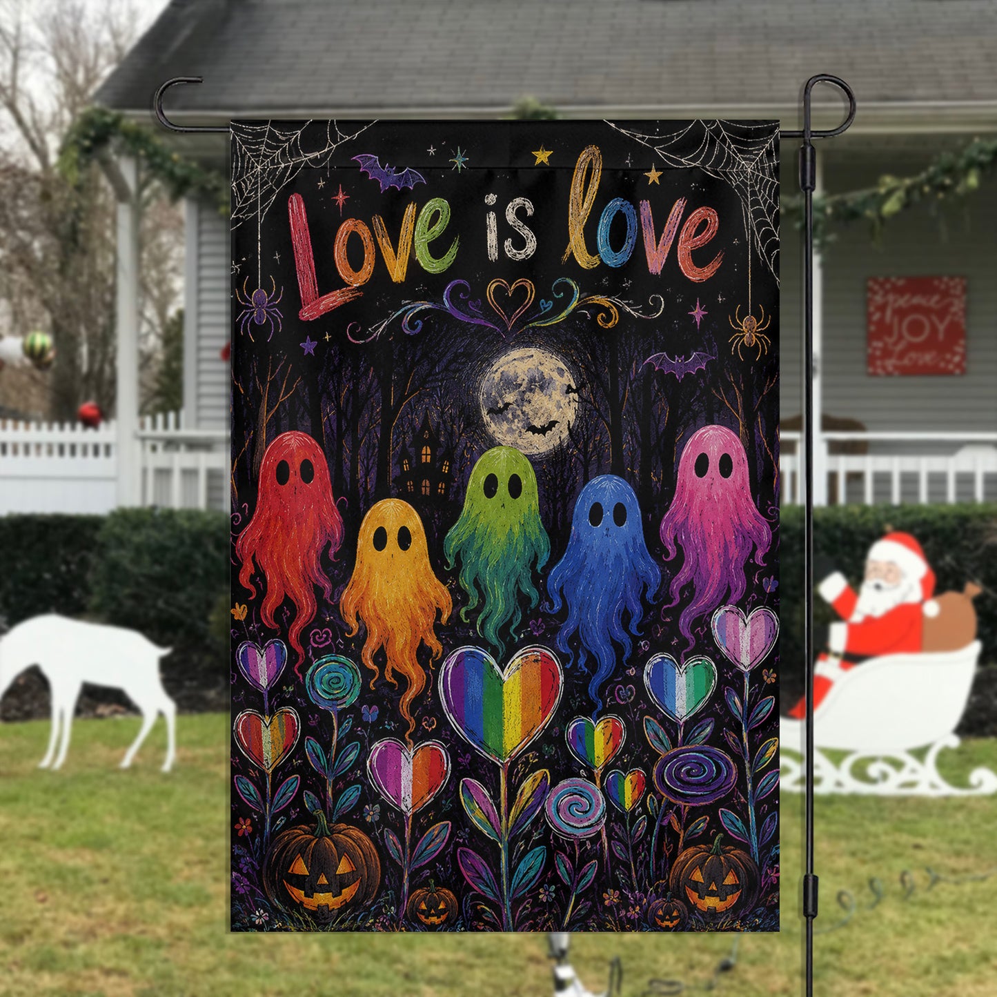 Halloween Rainbow Boo LGBT Pride Garden & House Flag, Love Is Love Yard Flag, Spooky Season Gift For Ghost Lover
