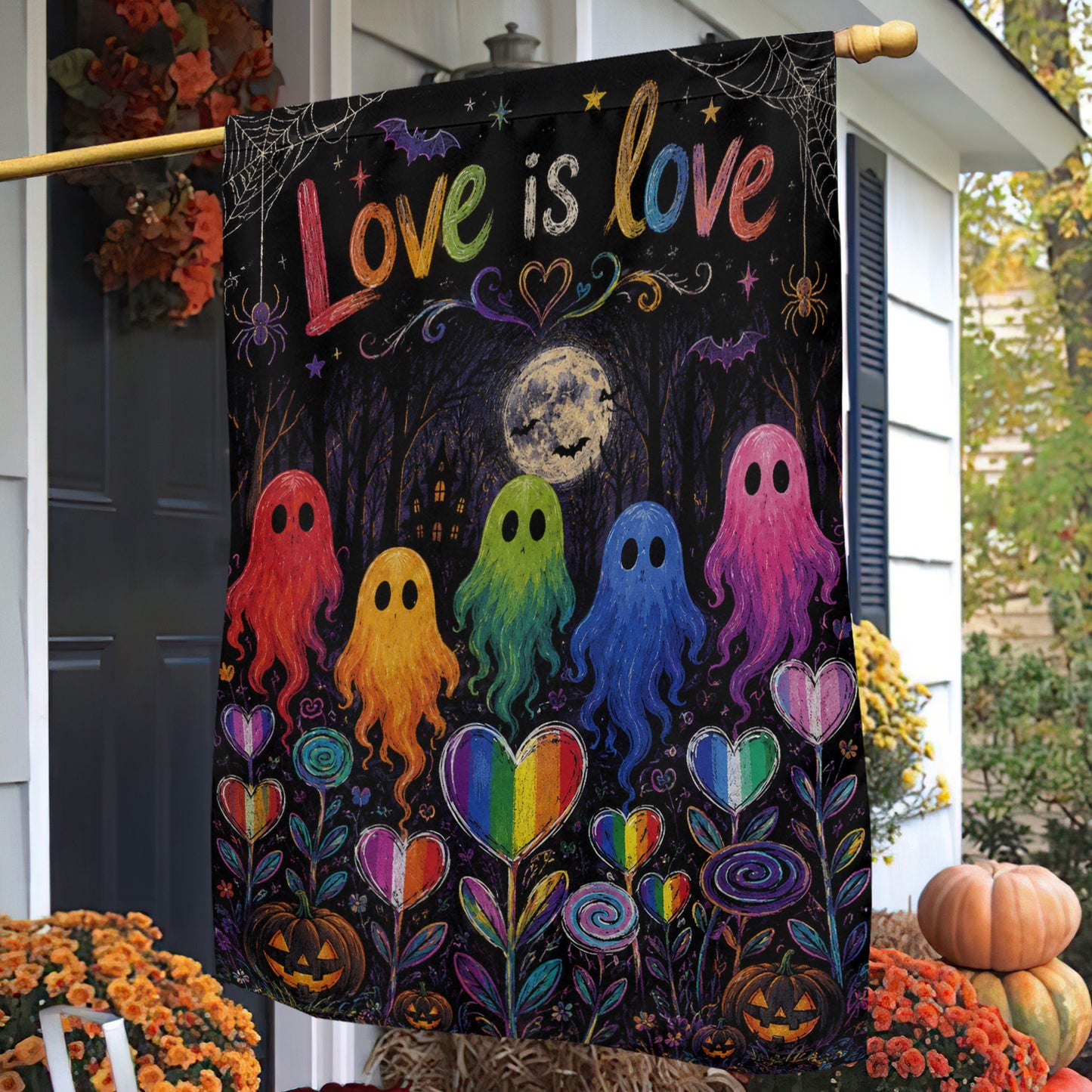 Halloween Rainbow Boo LGBT Pride Garden & House Flag, Love Is Love Yard Flag, Spooky Season Gift For Ghost Lover