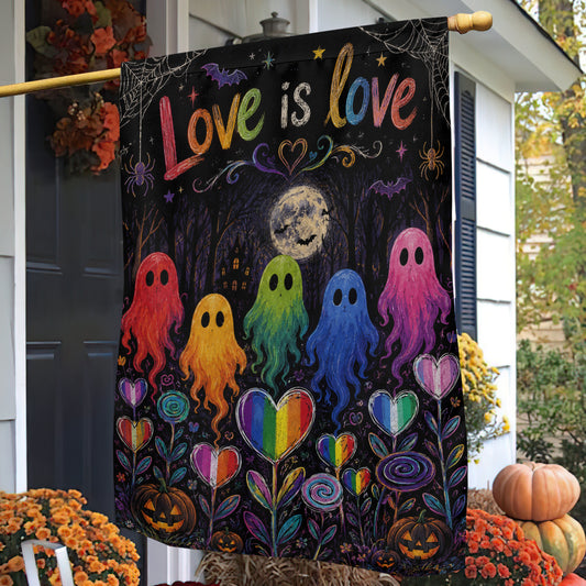 Halloween Rainbow Boo LGBT Pride Garden & House Flag, Love Is Love Yard Flag, Spooky Season Gift For Ghost Lover