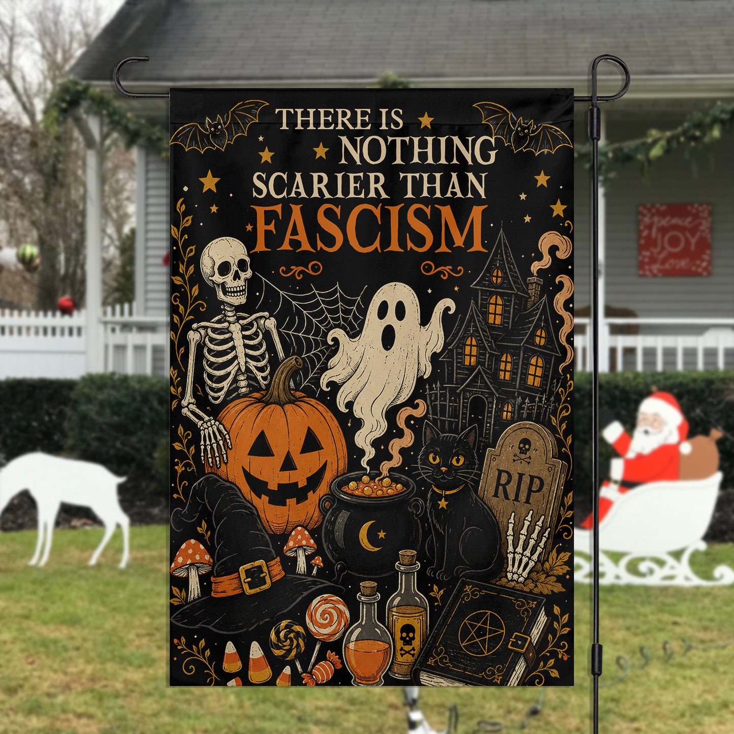 Halloween Black Cat & Ghost Garden & House Flag, Nothing Scarier Than Fascism Yard Flag, Spooky Season Gift For Ghost Lover