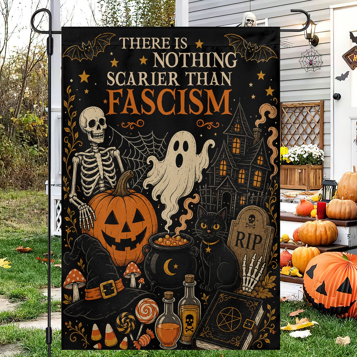 Halloween Black Cat & Ghost Garden & House Flag, Nothing Scarier Than Fascism Yard Flag, Spooky Season Gift For Ghost Lover