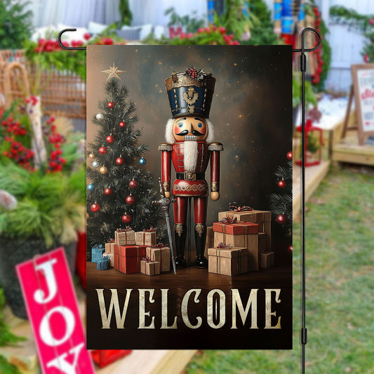 Vintage Christmas Wooden Man Garden Flag & House Flag, Wooden Man Welcome, Welcome Outdoor Decor, Xmas Yard Decor Gift For Nutcracker Guard Lovers