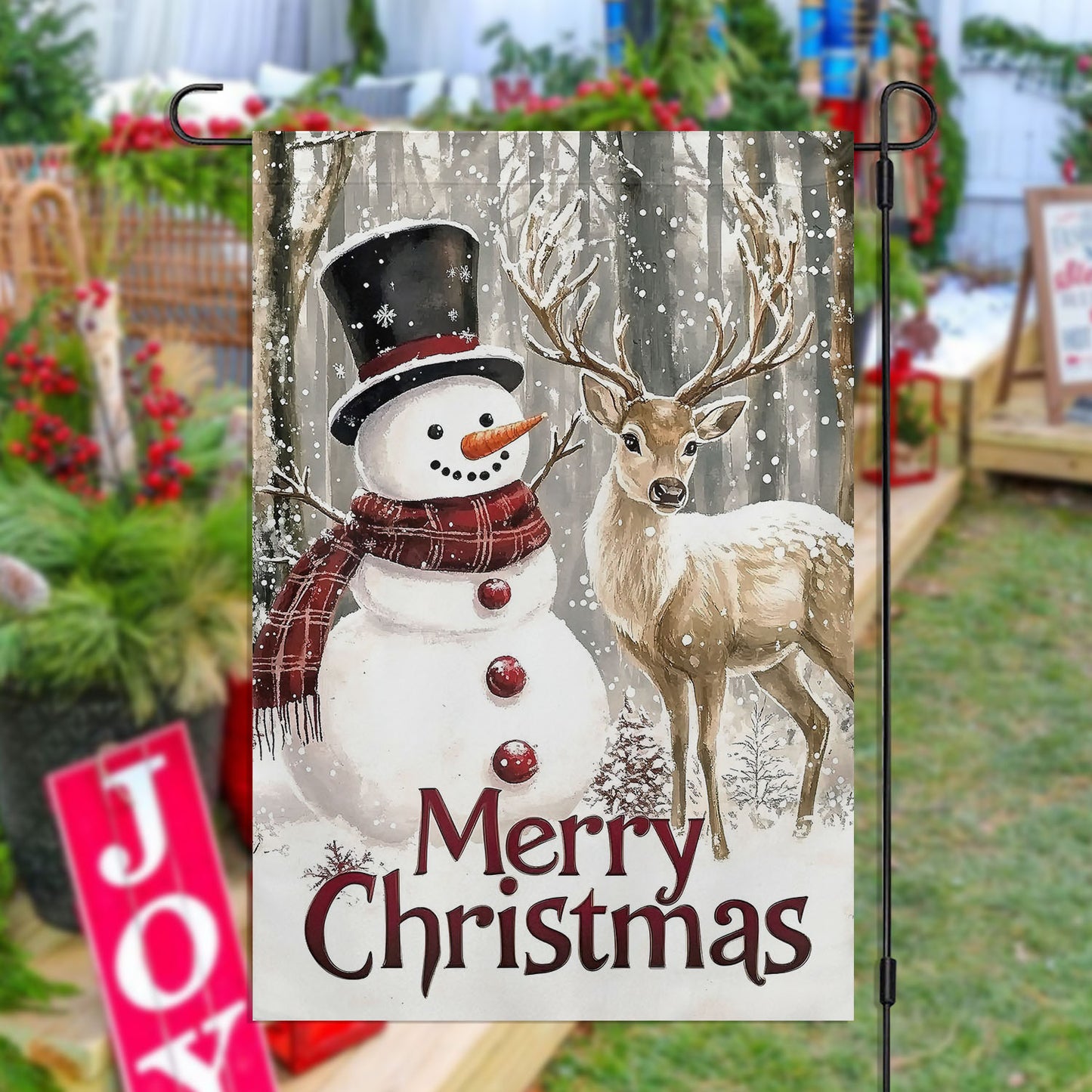 Christmas Garden Flag & House Flag, Snowman And Reindeer, Welcome Outdoor Decor, Xmas Yard Decor Gift