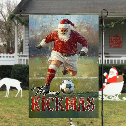 Vintage Christmas Soccer Garden Flag & House Flag, Merry Kickmas, Welcome Outdoor Decor, Xmas Yard Decor Gift For Soccer Lovers