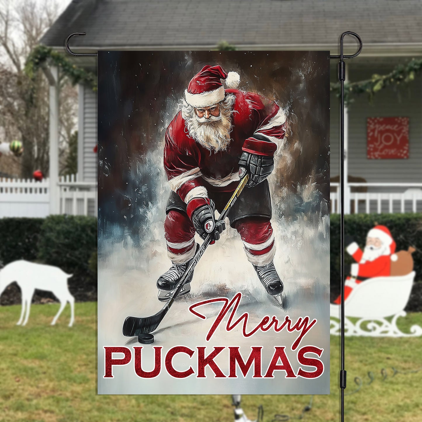 Christmas Santa Claus Playing Hockey Garden Flag & House Flag, Merry Puckmas, Welcome Outdoor Decor, Xmas Yard Decor Gift For Hockey Lovers