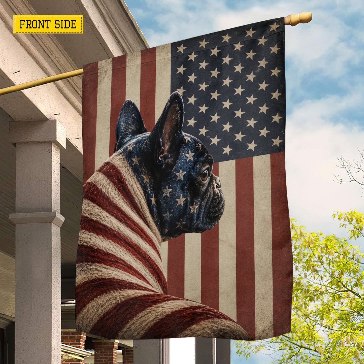July 4th French Bulldog USA Garden Flag & House Flag, Wrapped In Freedom French Bulldog Outdoor Decor, Independence Day Yard Flag Gift For French Bulldog Lover