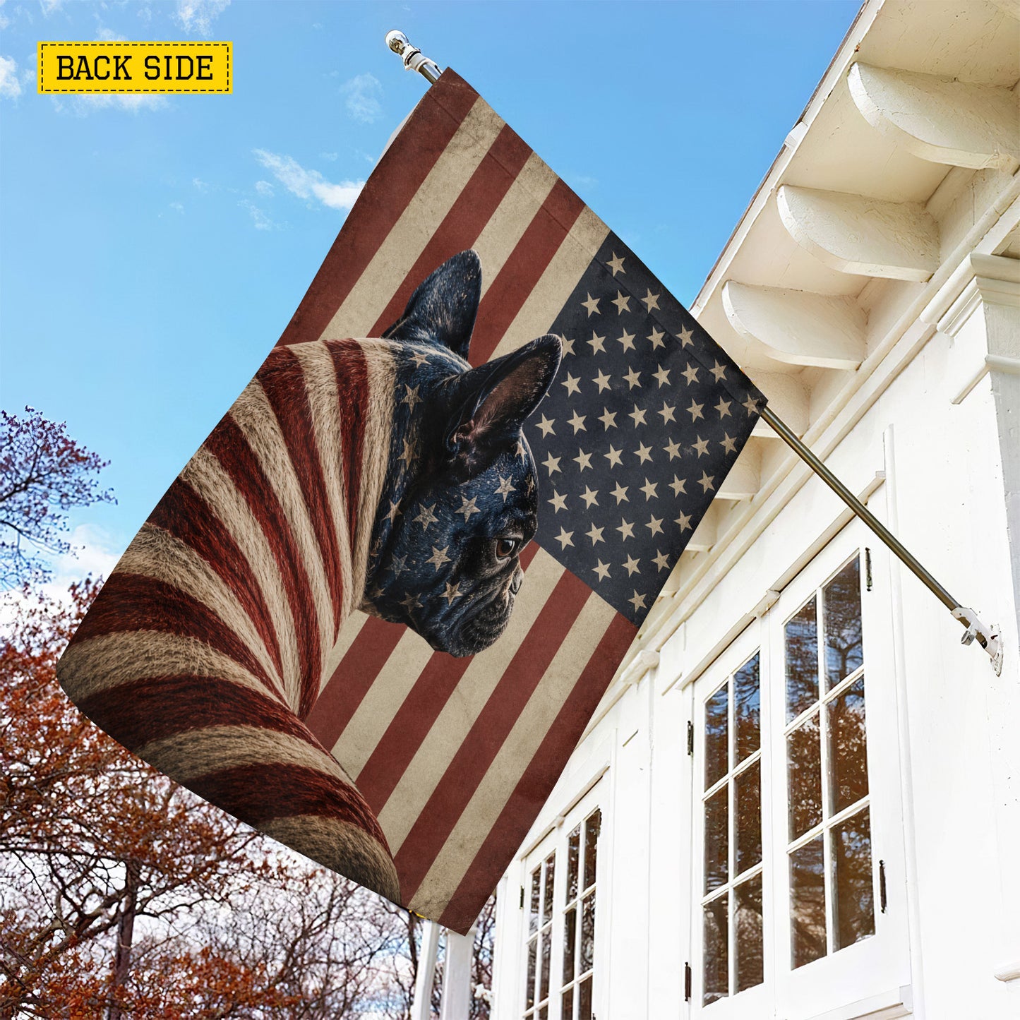 July 4th French Bulldog USA Garden Flag & House Flag, Wrapped In Freedom French Bulldog Outdoor Decor, Independence Day Yard Flag Gift For French Bulldog Lover
