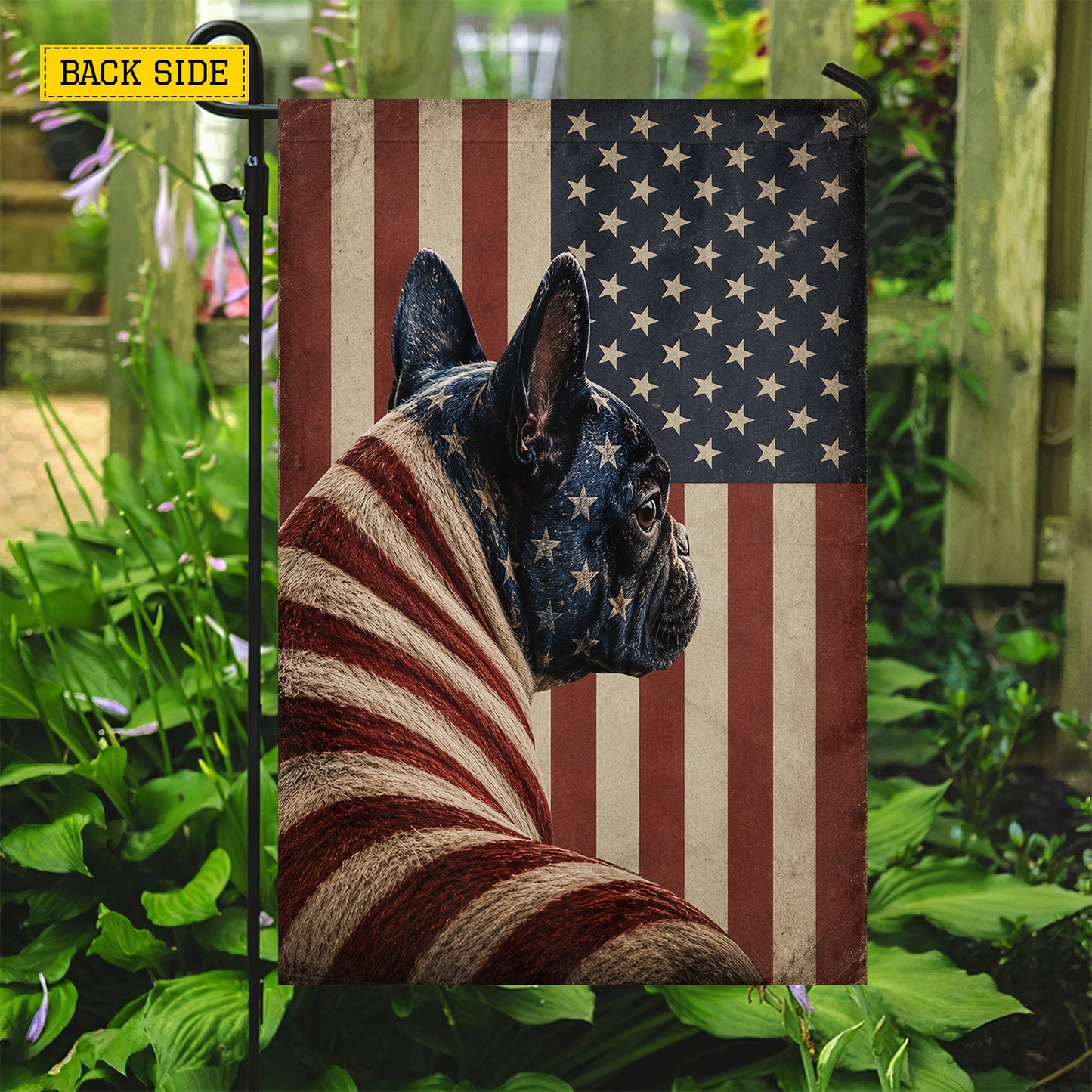 July 4th French Bulldog USA Garden Flag & House Flag, Wrapped In Freedom French Bulldog Outdoor Decor, Independence Day Yard Flag Gift For French Bulldog Lover