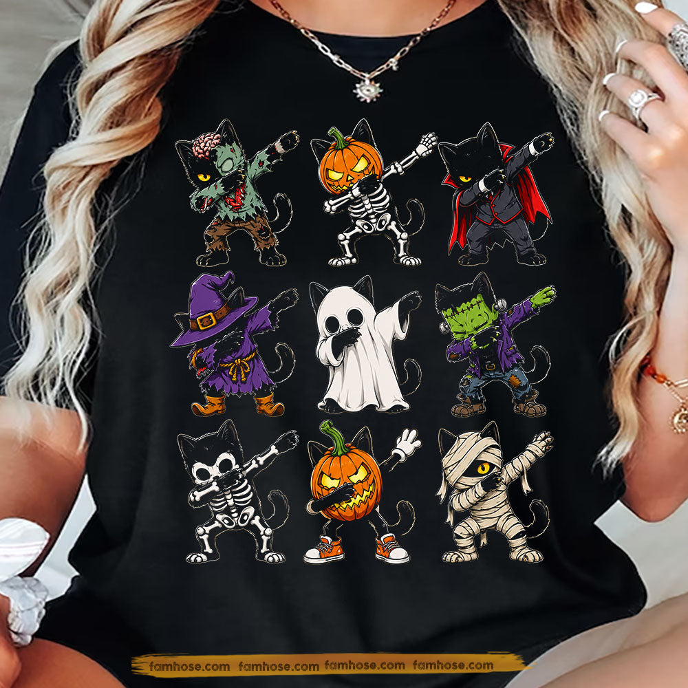 Halloween Black Cat Costume T-Shirt, Cute Zombie Ghost Pumpkin Skeleton Witch Cat Tees Spooky Season Gift For Cat Lover