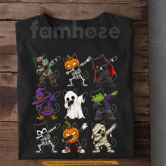 Halloween Black Cat Costume T-Shirt, Cute Zombie Ghost Pumpkin Skeleton Witch Cat Tees Spooky Season Gift For Cat Lover
