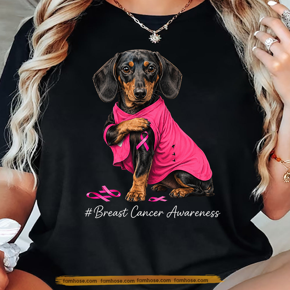 Dachshund Dog Breast Cancer Awareness T-shirt, Pink Ribbon Tees Gift For Dog Lovers