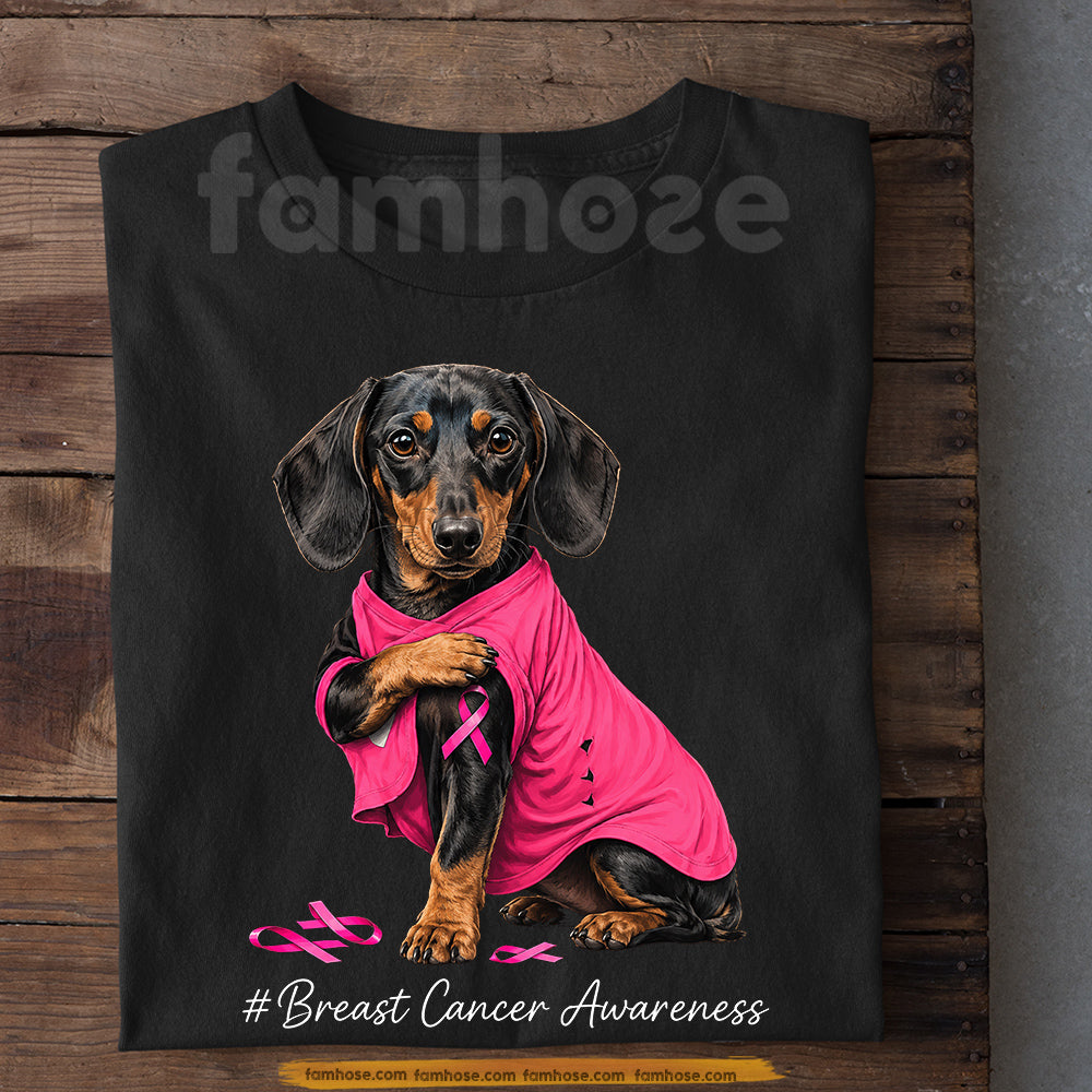 Dachshund Dog Breast Cancer Awareness T-shirt, Pink Ribbon Tees Gift For Dog Lovers