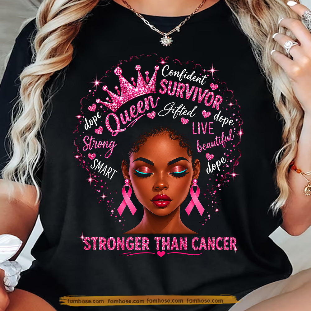 Afro Black Girl Breast Cancer Awareness T-shirt, Stronger Than Cancer Pink Ribbon Tees Gift