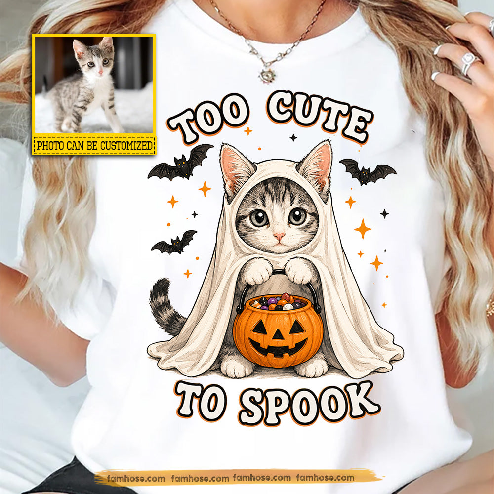Cute Personalized Halloween Cat T-shirt, Too Cute To Spook Tees Spooky Season Gift For Cat Lover