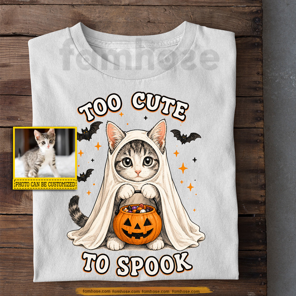 Cute Personalized Halloween Cat T-shirt, Too Cute To Spook Tees Spooky Season Gift For Cat Lover