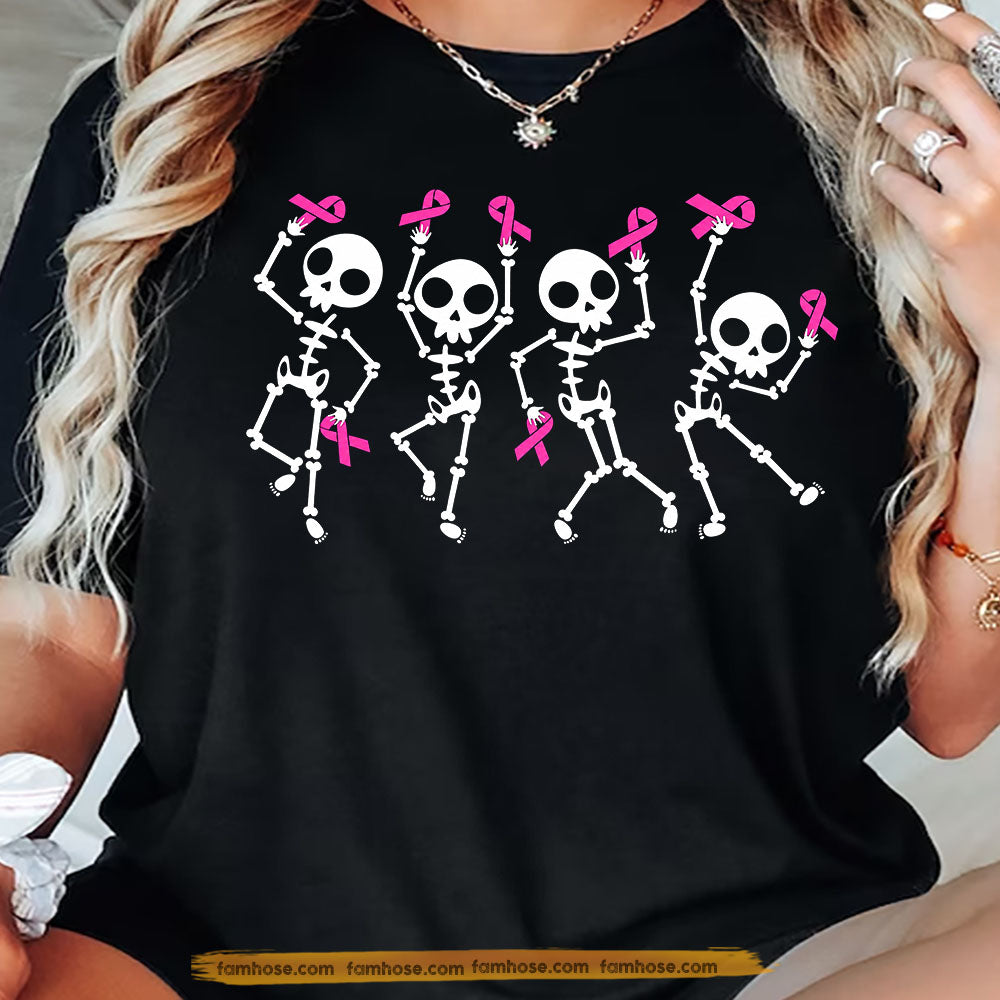 Pink Halloween & Breast Cancer Awareness T-shirt, Dancing Skeleton Pink Ribbon Tees Gift For Skeleton Lover