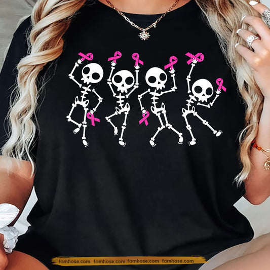 Pink Halloween & Breast Cancer Awareness T-shirt, Dancing Skeleton Pink Ribbon Tees Gift For Skeleton Lover